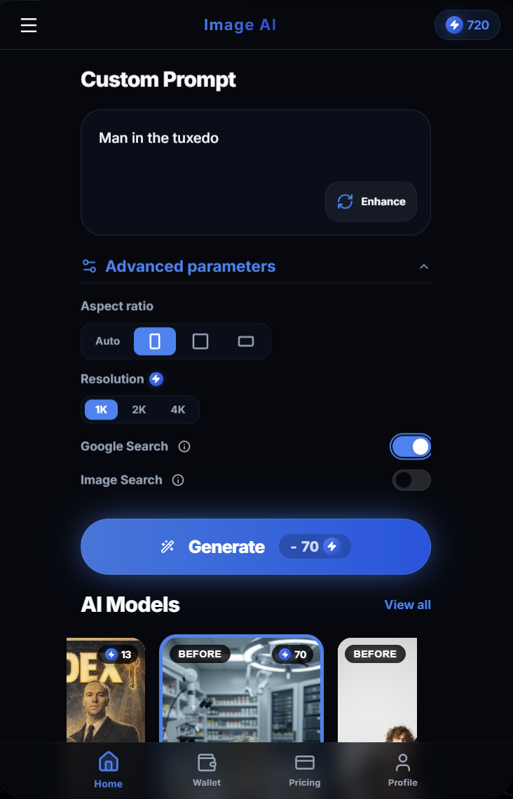 Image AI Generation — generation settings